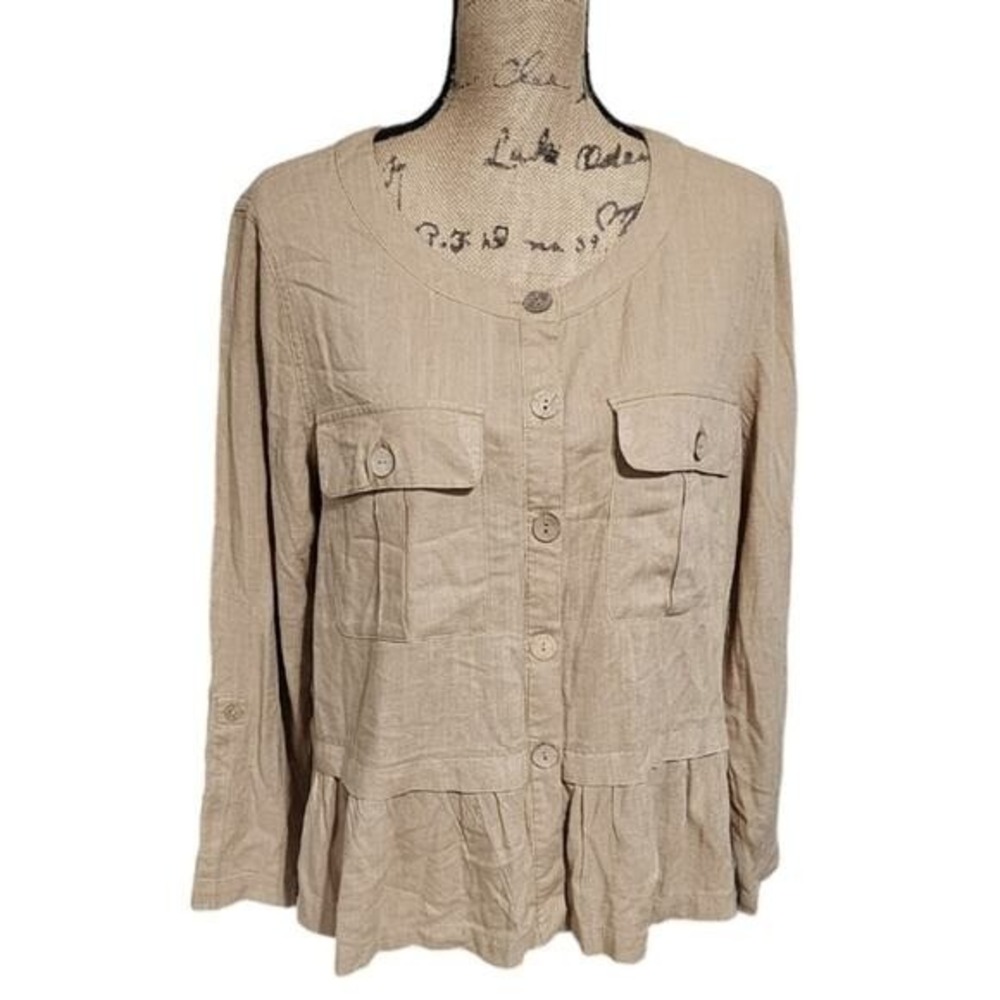 Ruby Rd Beige Linen Blend Peplum Pleated Blazer Jacket Lagenlook Size Medium